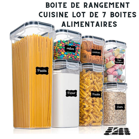 Boite de Rangement Cuisine Lot de 7 Boites Alimentaires Plastiques, Hermétiques, Étiquettes, avec Marqueur et Cuillère