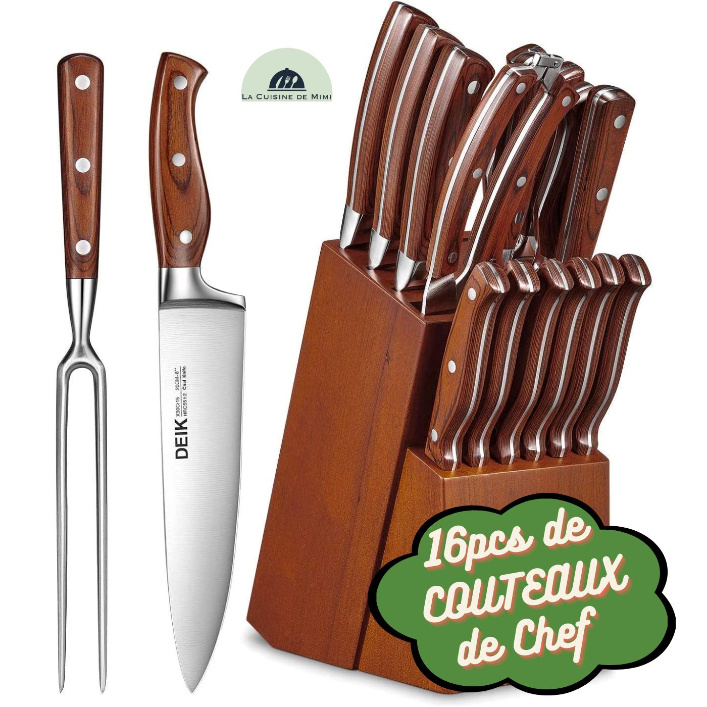 BLOC DE 16pcs de COUTEAUX DE CHEF manche en bois| CHEFKNIFE™