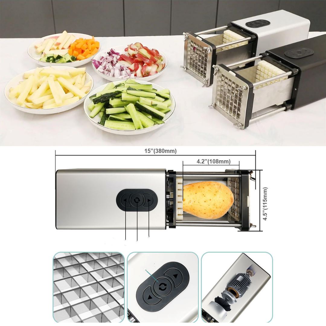 Coupe Frites Légumes électrique 2 Grilles Inox 220 V | FRENCHFRYCUTTER™